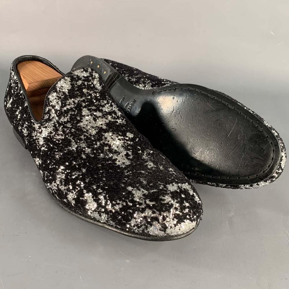JIMMY CHOO Velvet Glitter Devore Sloan Black Silver Slip On Loafers - Picture 5 of 10
